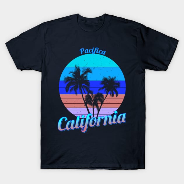 Pacifica California Retro Palm Trees Beach Summer T-Shirt by macdonaldcreativestudios